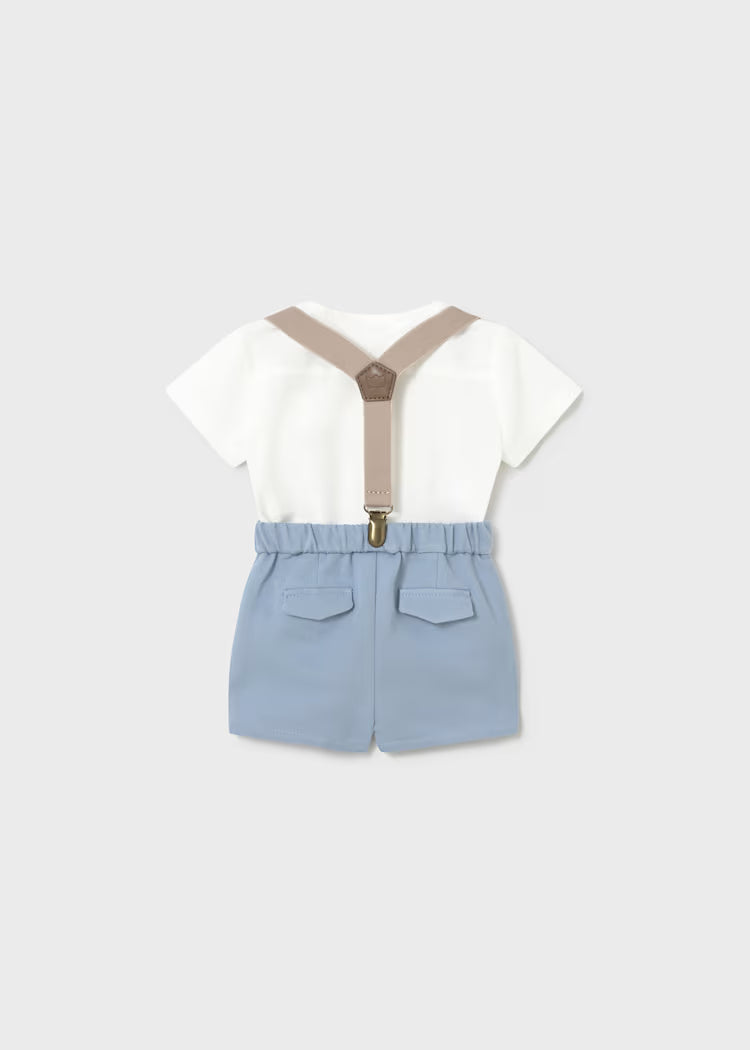 MAYORAL NEWBORN SET SHORTS WITH SUSPENDERS AND SHIRT