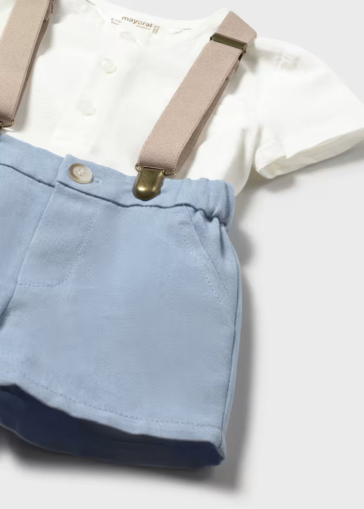 MAYORAL NEWBORN SET SHORTS WITH SUSPENDERS AND SHIRT