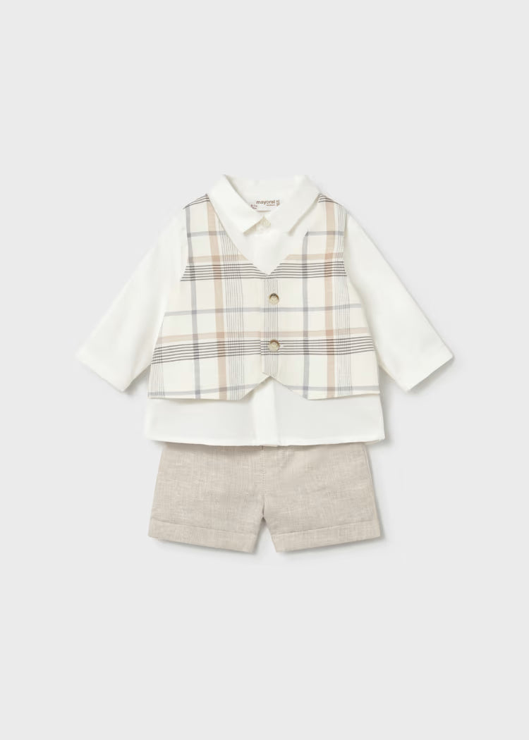 MAYORAL NEWBORN SHORTS AND SHIRT SET WITH WAISTCOAT