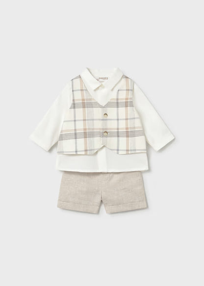 MAYORAL NEWBORN SHORTS AND SHIRT SET WITH WAISTCOAT
