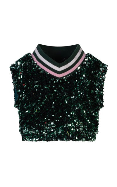 TOP - SEQUINED VEST WITH POINTED COLLAR IN STRIPED KNIT RIB